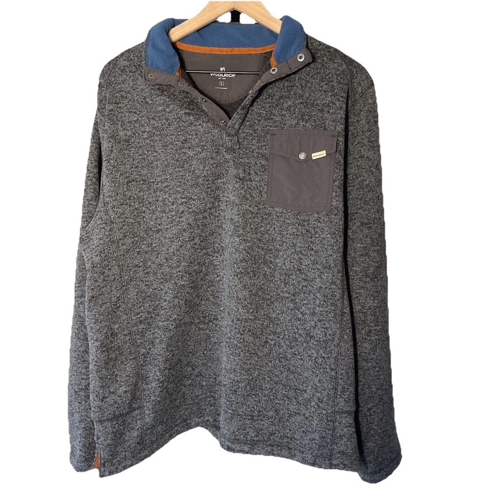 Woolrich Snap Neck Fleece Pullover Gray Chest Pocket Mens Large